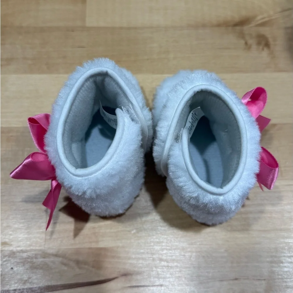 Fluffy White Baby Booties with Pink Bow